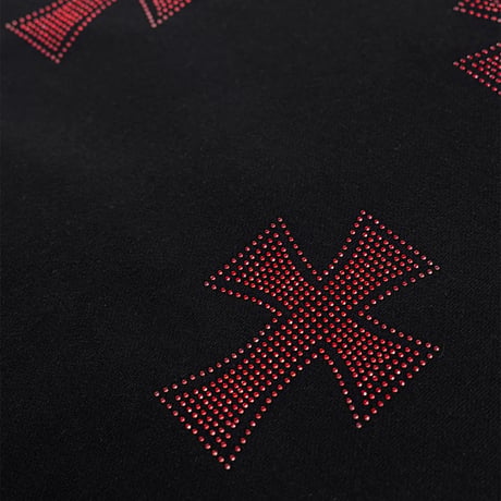 【 Unknown 】Black X Red Cross Rhinestone Zip Hoodie