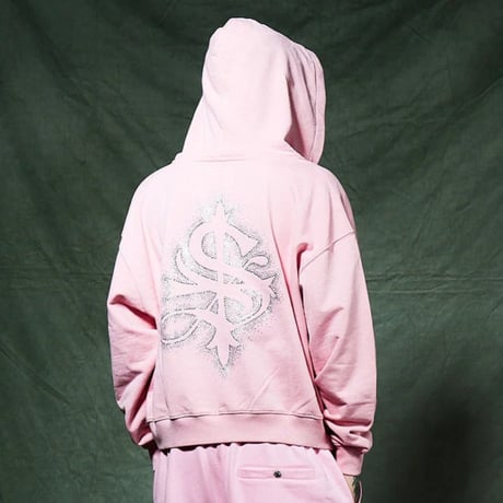 【 SUPPLIER 】Spray Cross Rhinestone Zip Hoodie