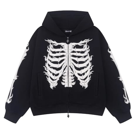【 SUPPLIER 】Fire Bones Leather Patch Zip Hoodie