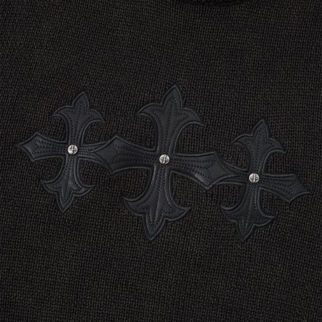 【 SUPPLIER 】Washed Triple Cross Leather Patch Crew Knit