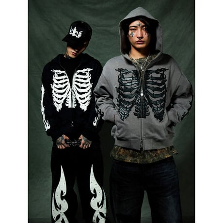 【 SUPPLIER 】Fire Bones Leather Patch Zip Hoodie