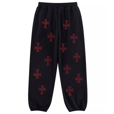 【 Unknown 】Black X Red Cross Rhinestone Jogger