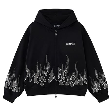 【 SUPPLIER 】Fire Pattern Rhinestone Zip Hoodie