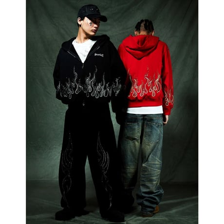 【 SUPPLIER 】Fire Pattern Rhinestone Zip Hoodie