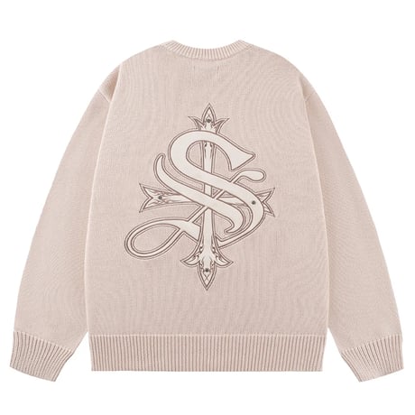 【 SUPPLIER 】Tribal Cross Leather Patch Crew Knit