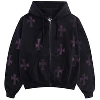【 Unknown 】Black X Purple Cross Rhinestone Zip Hoodie