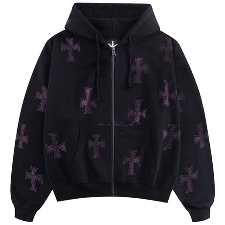 【 Unknown 】Black X Purple Cross Rhinestone Zip Hoodie