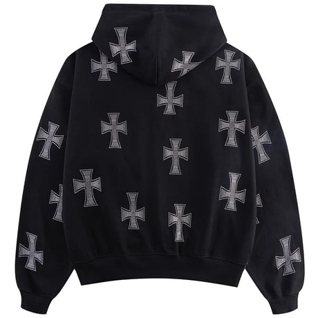 【 Unknown 】Black X Silver Cross Rhinestone Zip Hoodie