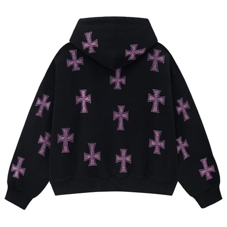 【 Unknown 】Black X Pink Allover Cross Rhinestone Zip Hoodie