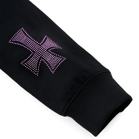 【 Unknown 】Black X Pink Allover Cross Rhinestone Zip Hoodie