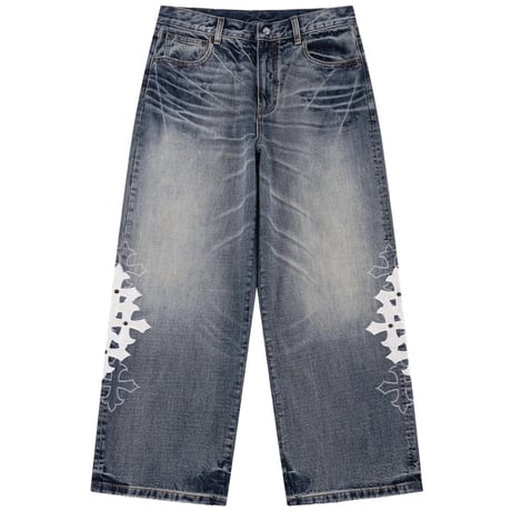 【 SUPPLIER 】Multiple Cross Leather Patch Baggy Denim
