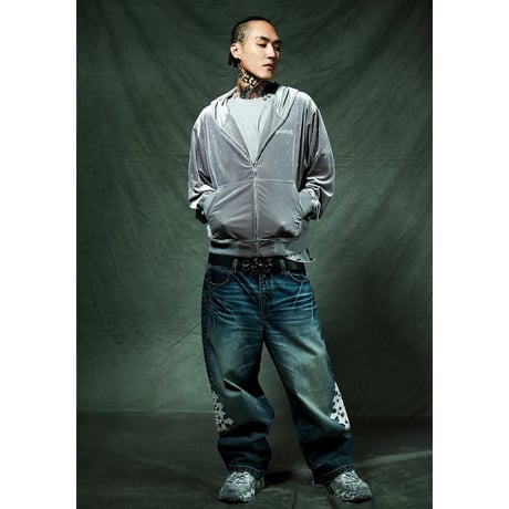 【 SUPPLIER 】Multiple Cross Leather Patch Baggy Denim
