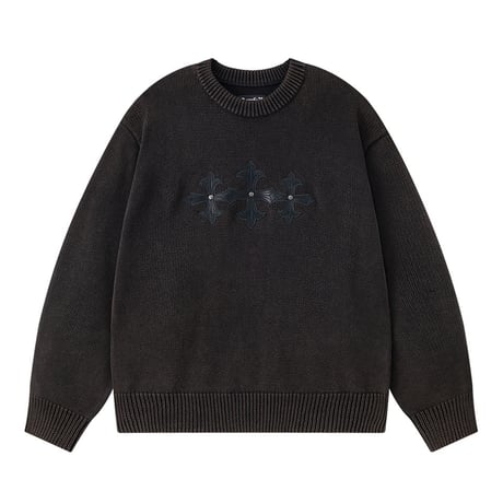 【 SUPPLIER 】Washed Triple Cross Leather Patch Crew Knit