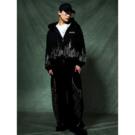 【 SUPPLIER 】Fire Pattern Rhinestone Zip Hoodie