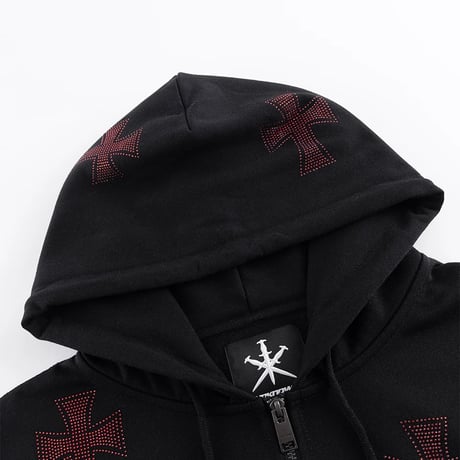 【 Unknown 】Black X Red Cross Rhinestone Zip Hoodie