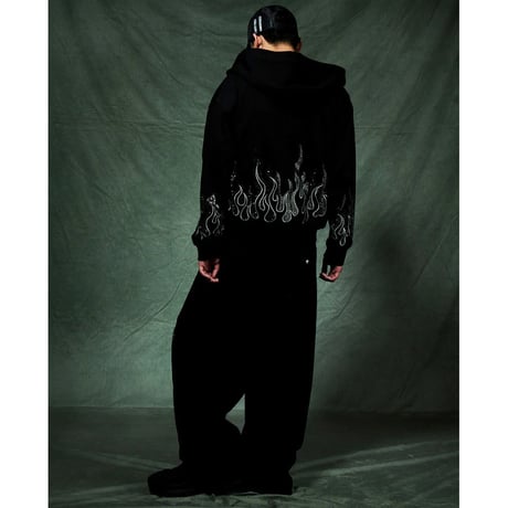 【 SUPPLIER 】Fire Pattern Rhinestone Zip Hoodie