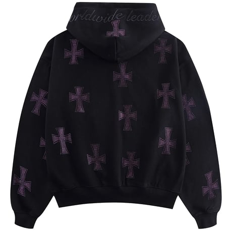 【 Unknown 】Black X Purple Cross Rhinestone Zip Hoodie