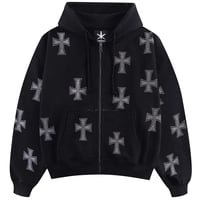 【 Unknown 】Black X Silver Cross Rhinestone Zip Hoodie