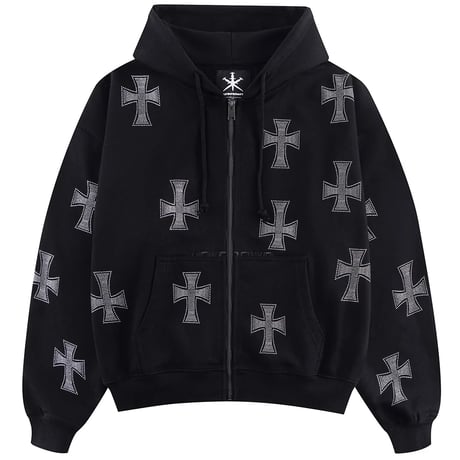 【 Unknown 】Black X Silver Cross Rhinestone Zip Hoodie