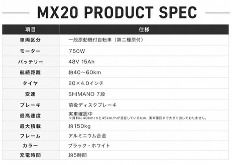 電動バイク 20インチ 750W 48V15Ah ファットタイヤ 原付二種 SHIMANO7段変速 前後ディスクブレーキ MX20