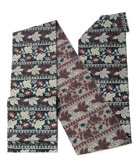【新品】八寸名古屋帯 横段 草花文 納戸鼠色 [90100070]