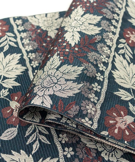 【新品】八寸名古屋帯 横段 草花文 納戸鼠色 [90100070]