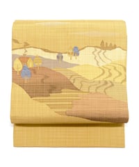 【新品】九寸名古屋帯 すくい織 抽象風景織り出し からし色 [90100026]