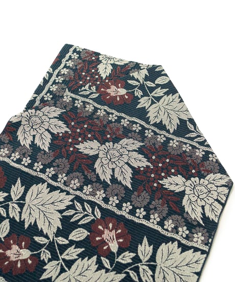 【新品】八寸名古屋帯 横段 草花文 納戸鼠色 [90100070]