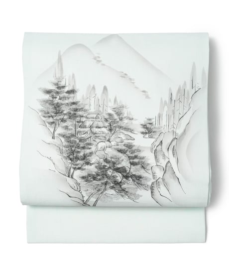【新品】九寸名古屋帯 夏帯 紗 山水画 藍白色 [90100115]