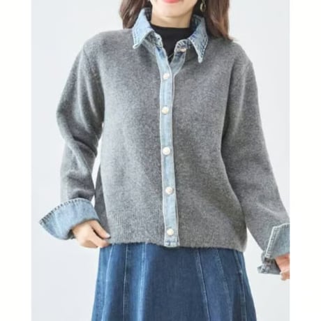 [再入荷]昨年大ヒット❗衿&袖口デニム　ニットカーディガン