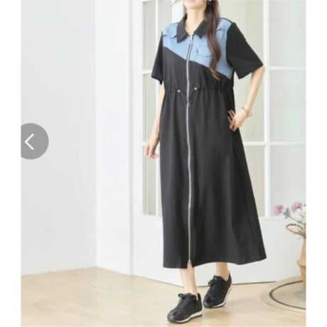 [新作]デニム異素材切替配色前ファスナーワンピース ブラック 8500円 30%オフ 5950円