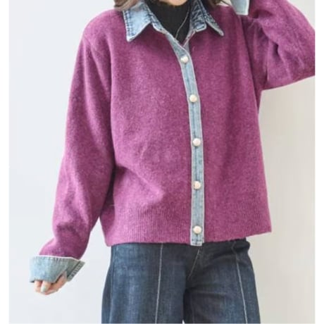 [再入荷]昨年大ヒット❗衿&袖口デニム　ニットカーディガン