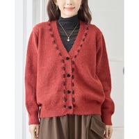 [新作] シャギー配色ハンドステッチ風ハートボタンVネックカーデガン