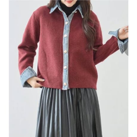 [再入荷]昨年大ヒット❗衿&袖口デニム　ニットカーディガン