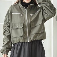 「新作」モード袖シャーリング　ミリタリーショート丈ジップアップ「¥7500」セール30%off