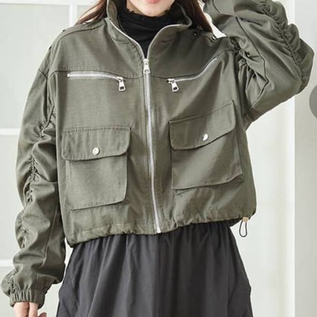 「新作」モード袖シャーリング　ミリタリーショート丈ジップアップ「¥7500」セール30%off