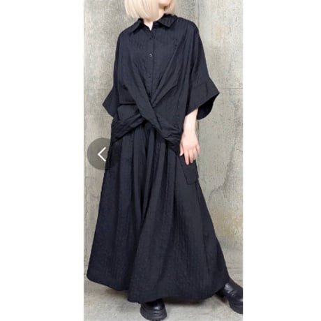 [3回目ラス入荷]モードシャドーストライプ楊柳ワイドパンツセットアップ可能.ブラック