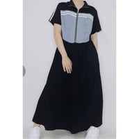 [大人気]デニム異素材切替胸袖2本ラインウエスト切替ワンピースブラック.8995円の30%オフ