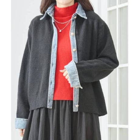 [再入荷]昨年大ヒット❗衿&袖口デニム　ニットカーディガン