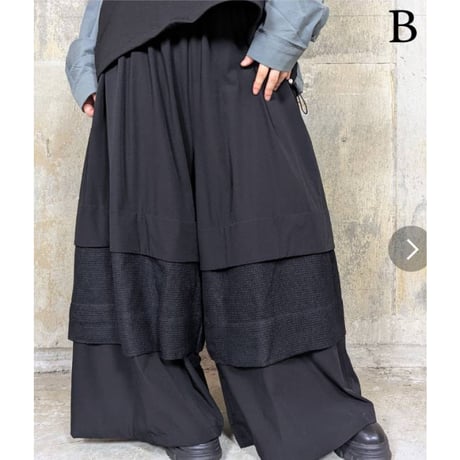 モード異素材裾メッシュ切替ワイドゆったりパンツ