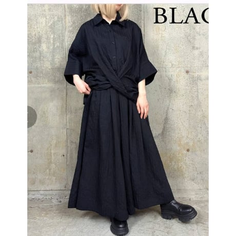 [3回目ラス入荷]モードシャドーストライプ楊柳衿付き前クロスストラップセットアップ可能、ブラック