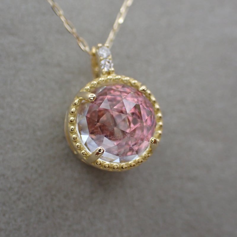 K18ピンクトルマリン×ローズカットクォーツ×ダイヤモンド0.01ct ミル