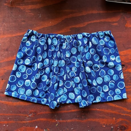 ＜完成品＞締め付けないモンペパンツ　青水玉（L)
