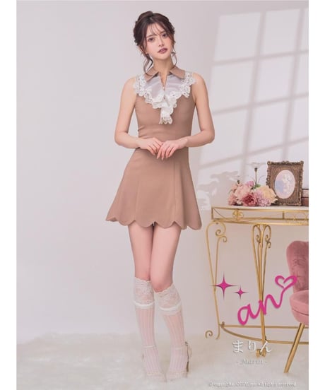 襟付き/フロントジップ/レース/フリル/スカラップ/ノースリーブ/ストレッチ/フレア/ミニドレス/キャバドレス【ANDY アンディ/an アン】[AOC-3995]