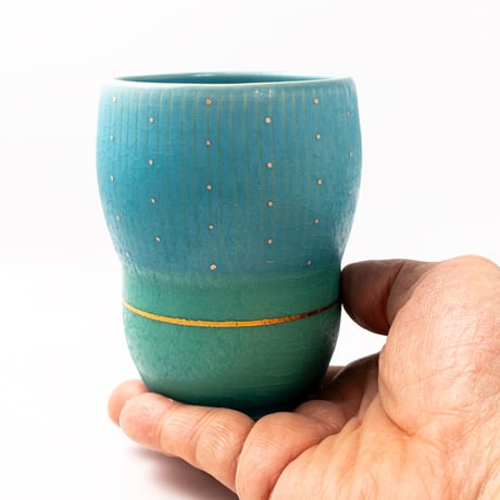 笠間焼｜ブルー冷酒杯｜色彩碧釉 金彩｜飯沼耕市 / Kasama Blue Sake Cup
