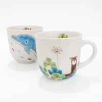 九谷焼 色絵遊｜海の仲間たち & アルパカとクローバー ペアマグカップ｜Sea & Meadow Pair Mug