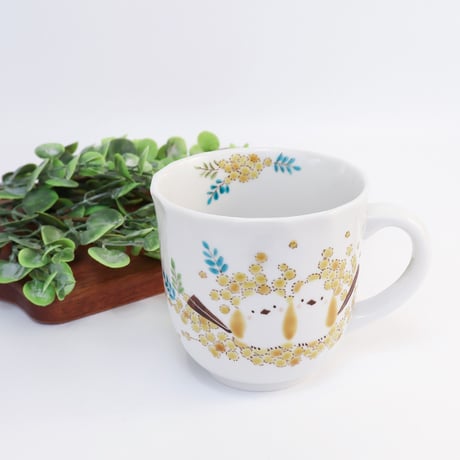 九谷焼 色絵遊｜シマエナガとミモザ マグカップ｜Shimaenaga & Mimosa Mug