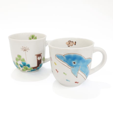 九谷焼 色絵遊｜海の仲間たち & アルパカとクローバー ペアマグカップ｜Sea & Meadow Pair Mug