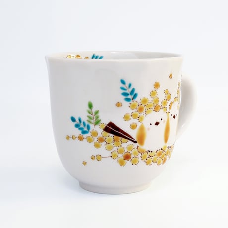 九谷焼 色絵遊｜シマエナガとミモザ マグカップ｜Shimaenaga & Mimosa Mug