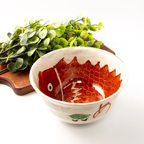 波佐見焼｜錦鯛 縁起碗｜赤絵 松竹梅｜吉村信也 / Hasami Ware Tai Motif Bowl